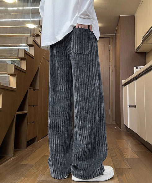 ジャガードイージーワイドパンツメンズ秋冬 リラックスストレートパンツ ウエストゴム スウェットドローコードパンツ韓国風カジュアル ニットパンツ おしゃれボトムス男 84JIQI-012