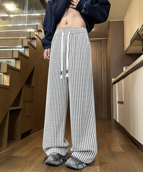ジャガードイージーワイドパンツメンズ秋冬 リラックスストレートパンツ ウエストゴム スウェットドローコードパンツ韓国風カジュアル ニットパンツ おしゃれボトムス男 84JIQI-012