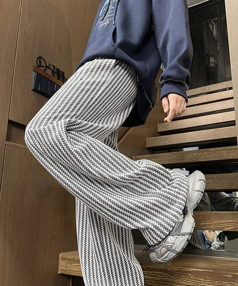ジャガードイージーワイドパンツメンズ秋冬 リラックスストレートパンツ ウエストゴム スウェットドローコードパンツ韓国風カジュアル ニットパンツ おしゃれボトムス男 84JIQI-012