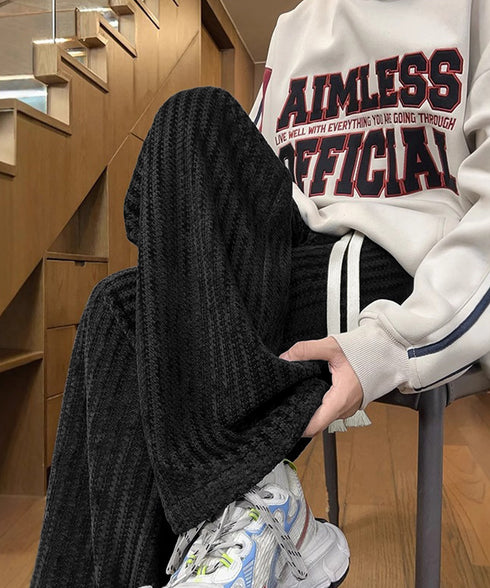 ジャガードイージーワイドパンツメンズ秋冬 リラックスストレートパンツ ウエストゴム スウェットドローコードパンツ韓国風カジュアル ニットパンツ おしゃれボトムス男 84JIQI-012