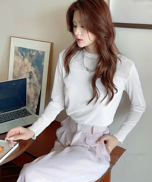 シアーメロウトップス レディース 韓国 シースルーtシャツ 薄手 レイヤード おしゃれ 重ね着 インナートップス 長袖チュールカットソー セクシーシアーブラウス 84JLIANG-001