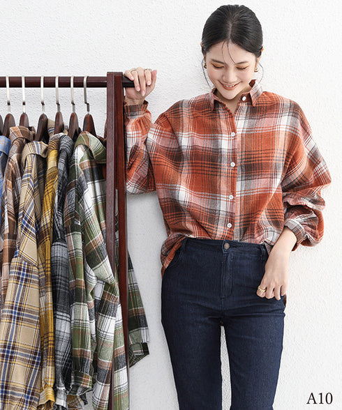 シャツ ブラウス チェック柄シャツ 長袖 レディース おしゃれ ゆったりカラーチェックシャツ カジュアルトップス レトロ韓国ファッション 10代20代30代40代 84KAILI-001