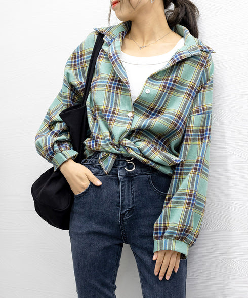 シャツ ブラウス チェック柄シャツ 長袖 レディース おしゃれ ゆったりカラーチェックシャツ カジュアルトップス レトロ韓国ファッション 10代20代30代40代 84KAILI-001