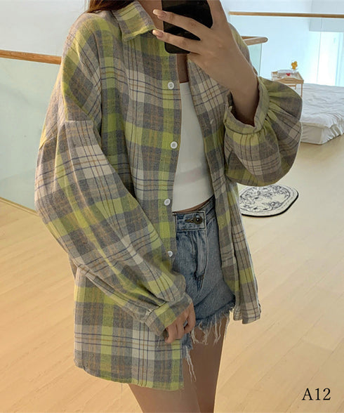 シャツ ブラウス チェック柄シャツ 長袖 レディース おしゃれ ゆったりカラーチェックシャツ カジュアルトップス レトロ韓国ファッション 10代20代30代40代 84KAILI-001