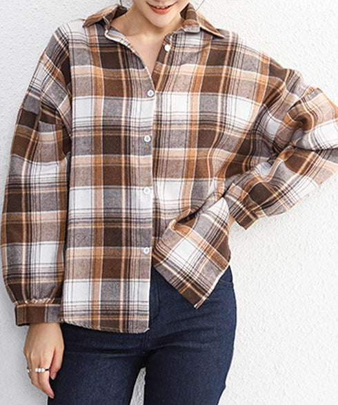 シャツ ブラウス チェック柄シャツ 長袖 レディース おしゃれ ゆったりカラーチェックシャツ カジュアルトップス レトロ韓国ファッション 10代20代30代40代 84KAILI-001