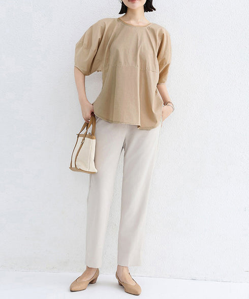 パフスリーブ ブラウス 半袖 レディース ぽわん袖 フェミニントップス ゆったり サイドスリット ラウンドネックプルオーバー 無地 オフィスカジュアル 体型カバー 84KAILI-002