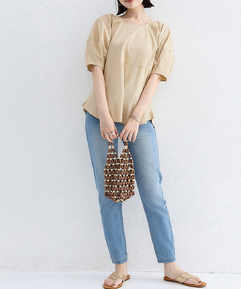 パフスリーブ ブラウス 半袖 レディース ぽわん袖 フェミニントップス ゆったり サイドスリット ラウンドネックプルオーバー 無地 オフィスカジュアル 体型カバー 84KAILI-002