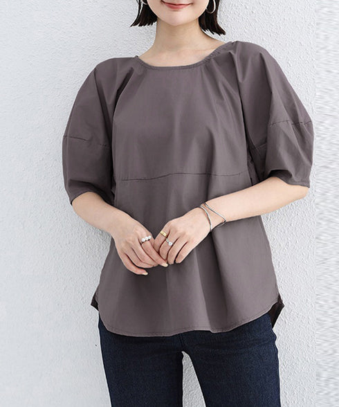 パフスリーブ ブラウス 半袖 レディース ぽわん袖 フェミニントップス ゆったり サイドスリット ラウンドネックプルオーバー 無地 オフィスカジュアル 体型カバー 84KAILI-002