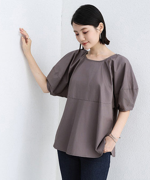 パフスリーブ ブラウス 半袖 レディース ぽわん袖 フェミニントップス ゆったり サイドスリット ラウンドネックプルオーバー 無地 オフィスカジュアル 体型カバー 84KAILI-002