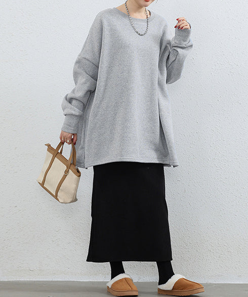 ビッグシルエットスウェット裏起毛トップス レディース チュニックトレーナー クルーネック オーバーサイズ フレアスウェット ゆったり 無地カットソー 韓国風ロンT 84KAILI-003