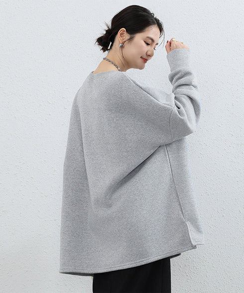 ビッグシルエットスウェット裏起毛トップス レディース チュニックトレーナー クルーネック オーバーサイズ フレアスウェット ゆったり 無地カットソー 韓国風ロンT 84KAILI-003