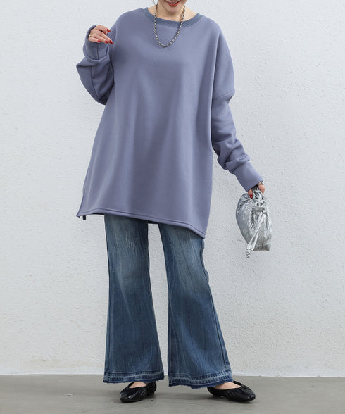 ビッグシルエットスウェット裏起毛トップス レディース チュニックトレーナー クルーネック オーバーサイズ フレアスウェット ゆったり 無地カットソー 韓国風ロンT 84KAILI-003