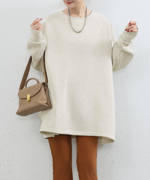 ビッグシルエットスウェット裏起毛トップス レディース チュニックトレーナー クルーネック オーバーサイズ フレアスウェット ゆったり 無地カットソー 韓国風ロンT 84KAILI-003