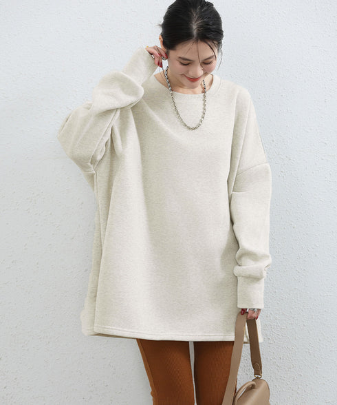 ビッグシルエットスウェット裏起毛トップス レディース チュニックトレーナー クルーネック オーバーサイズ フレアスウェット ゆったり 無地カットソー 韓国風ロンT 84KAILI-003