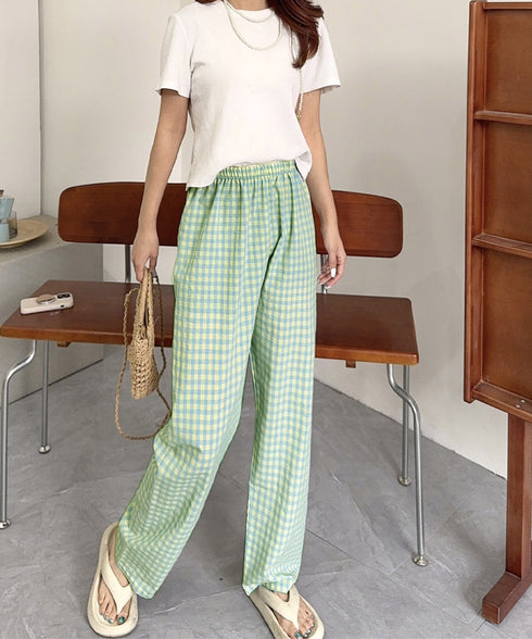 ギンガムチェックパンツ レディース 春夏 丈選べる チェック柄ロングパンツ涼しい 格子柄ショートパンツ ウエストゴム 着やせワイドパンツ 体型カバー 部屋着パンツ 84KAILI-004