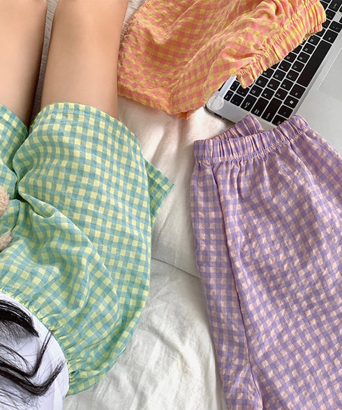 ギンガムチェックパンツ レディース 春夏 丈選べる チェック柄ロングパンツ涼しい 格子柄ショートパンツ ウエストゴム 着やせワイドパンツ 体型カバー 部屋着パンツ 84KAILI-004