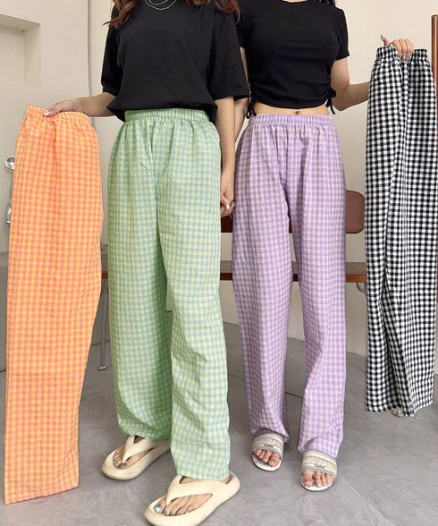 ギンガムチェックパンツ レディース 春夏 丈選べる チェック柄ロングパンツ涼しい 格子柄ショートパンツ ウエストゴム 着やせワイドパンツ 体型カバー 部屋着パンツ 84KAILI-004