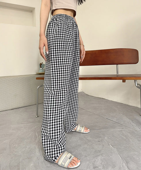 ギンガムチェックパンツ レディース 春夏 丈選べる チェック柄ロングパンツ涼しい 格子柄ショートパンツ ウエストゴム 着やせワイドパンツ 体型カバー 部屋着パンツ 84KAILI-004