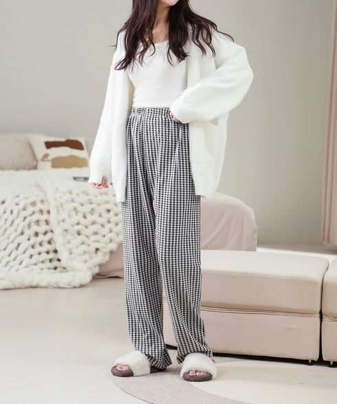ギンガムチェック ルームパンツ表裏微起毛 レディース カジュアルリラックスパンツ 秋冬かわいい ゆったりイージーパンツ部屋着韓国風 楽ちんパンツ 美脚ロングパンツ 84KAILI-006