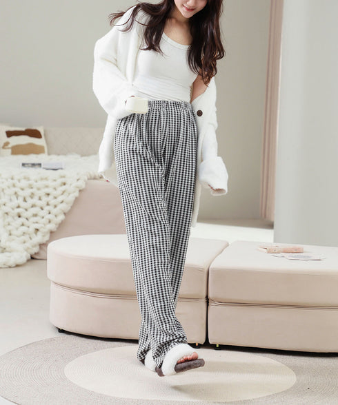 ギンガムチェック ルームパンツ表裏微起毛 レディース カジュアルリラックスパンツ 秋冬かわいい ゆったりイージーパンツ部屋着韓国風 楽ちんパンツ 美脚ロングパンツ 84KAILI-006