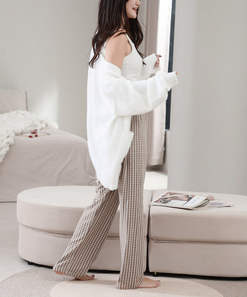 ギンガムチェック ルームパンツ表裏微起毛 レディース カジュアルリラックスパンツ 秋冬かわいい ゆったりイージーパンツ部屋着韓国風 楽ちんパンツ 美脚ロングパンツ 84KAILI-006