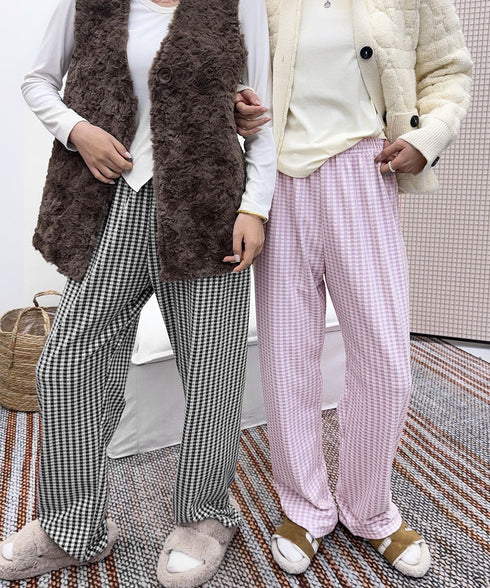 ギンガムチェック ルームパンツ表裏微起毛 レディース カジュアルリラックスパンツ 秋冬かわいい ゆったりイージーパンツ部屋着韓国風 楽ちんパンツ 美脚ロングパンツ 84KAILI-006