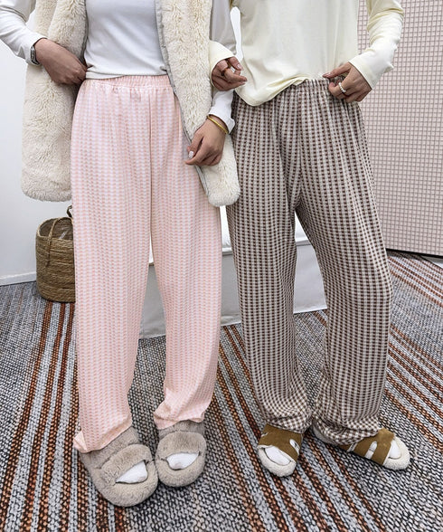ギンガムチェック ルームパンツ表裏微起毛 レディース カジュアルリラックスパンツ 秋冬かわいい ゆったりイージーパンツ部屋着韓国風 楽ちんパンツ 美脚ロングパンツ 84KAILI-006