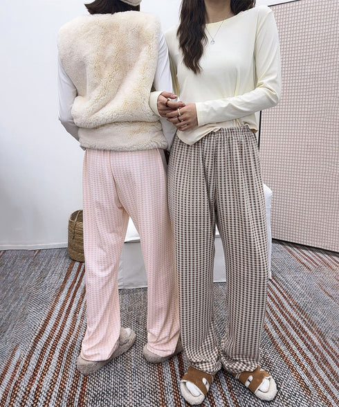 ギンガムチェック ルームパンツ表裏微起毛 レディース カジュアルリラックスパンツ 秋冬かわいい ゆったりイージーパンツ部屋着韓国風 楽ちんパンツ 美脚ロングパンツ 84KAILI-006