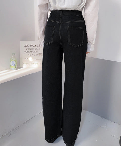 レディースデニムパンツウエストボタン調節 ハイウエストストレートデニム 大人美脚脚長パンツ 着やせロングパンツ カジュアル細見えジーンズ 体型カバーボトムス韓国風 84KAILI-007