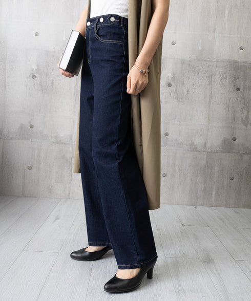 レディースデニムパンツウエストボタン調節 ハイウエストストレートデニム 大人美脚脚長パンツ 着やせロングパンツ カジュアル細見えジーンズ 体型カバーボトムス韓国風 84KAILI-007