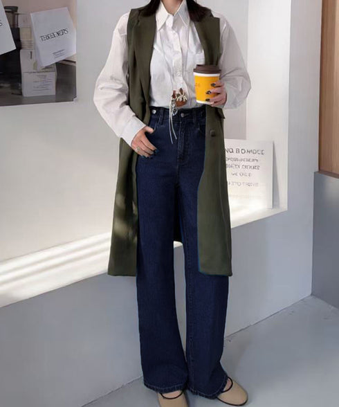 レディースデニムパンツウエストボタン調節 ハイウエストストレートデニム 大人美脚脚長パンツ 着やせロングパンツ カジュアル細見えジーンズ 体型カバーボトムス韓国風 84KAILI-007