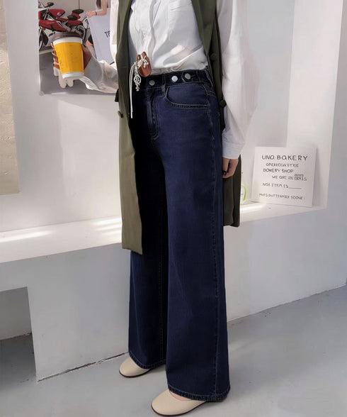 レディースデニムパンツウエストボタン調節 ハイウエストストレートデニム 大人美脚脚長パンツ 着やせロングパンツ カジュアル細見えジーンズ 体型カバーボトムス韓国風 84KAILI-007