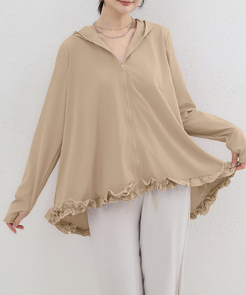 シアパーカー長袖フリルラッシュガード夏服 レディース UV対策カーディガン 日焼け止め フード付きお洒落ラッシュガード 涼しいライトアウター軽い ゆったり羽織り夏 84KAILI-009