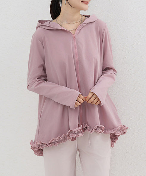 シアパーカー長袖フリルラッシュガード夏服 レディース UV対策カーディガン 日焼け止め フード付きお洒落ラッシュガード 涼しいライトアウター軽い ゆったり羽織り夏 84KAILI-009