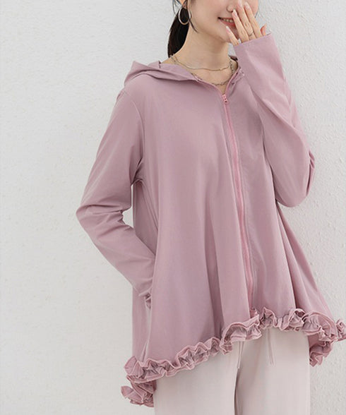 シアパーカー長袖フリルラッシュガード夏服 レディース UV対策カーディガン 日焼け止め フード付きお洒落ラッシュガード 涼しいライトアウター軽い ゆったり羽織り夏 84KAILI-009