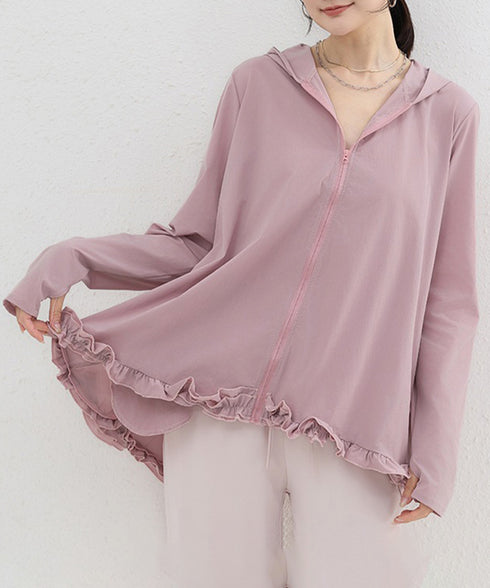 シアパーカー長袖フリルラッシュガード夏服 レディース UV対策カーディガン 日焼け止め フード付きお洒落ラッシュガード 涼しいライトアウター軽い ゆったり羽織り夏 84KAILI-009