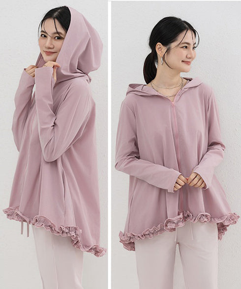 シアパーカー長袖フリルラッシュガード夏服 レディース UV対策カーディガン 日焼け止め フード付きお洒落ラッシュガード 涼しいライトアウター軽い ゆったり羽織り夏 84KAILI-009