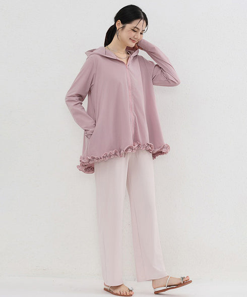 シアパーカー長袖フリルラッシュガード夏服 レディース UV対策カーディガン 日焼け止め フード付きお洒落ラッシュガード 涼しいライトアウター軽い ゆったり羽織り夏 84KAILI-009