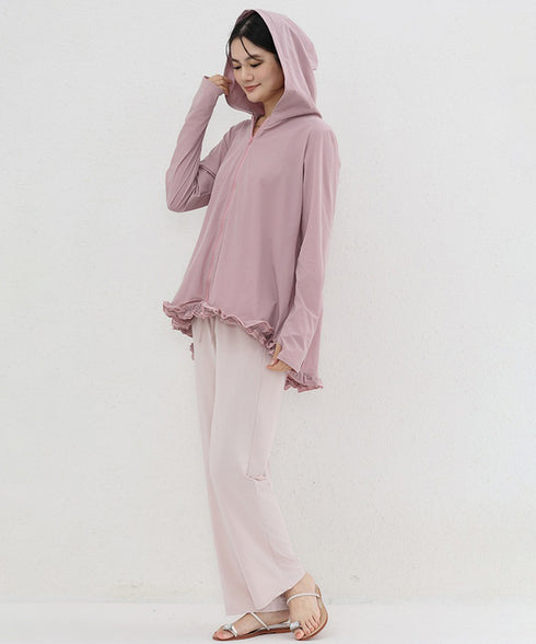シアパーカー長袖フリルラッシュガード夏服 レディース UV対策カーディガン 日焼け止め フード付きお洒落ラッシュガード 涼しいライトアウター軽い ゆったり羽織り夏 84KAILI-009