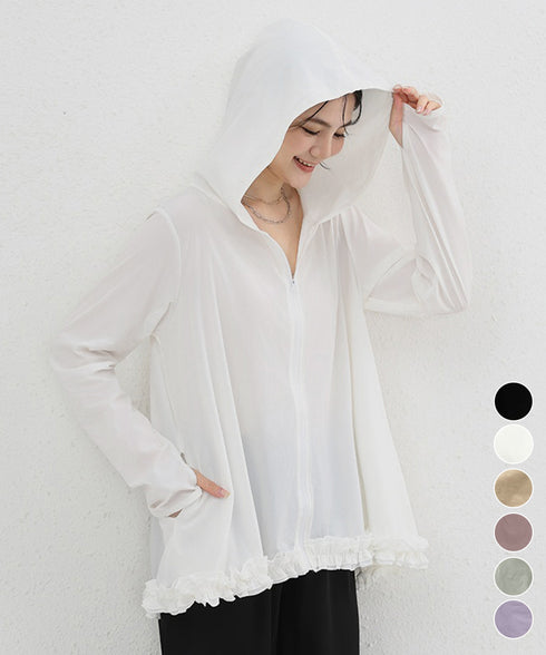 シアパーカー長袖フリルラッシュガード夏服 レディース UV対策カーディガン 日焼け止め フード付きお洒落ラッシュガード 涼しいライトアウター軽い ゆったり羽織り夏 84KAILI-009