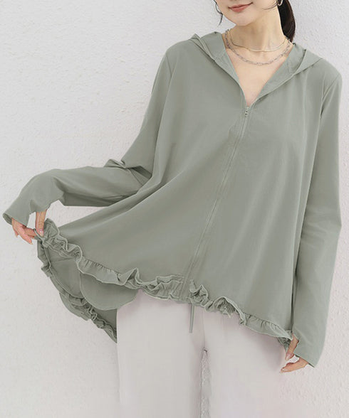 シアパーカー長袖フリルラッシュガード夏服 レディース UV対策カーディガン 日焼け止め フード付きお洒落ラッシュガード 涼しいライトアウター軽い ゆったり羽織り夏 84KAILI-009