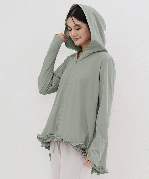 シアパーカー長袖フリルラッシュガード夏服 レディース UV対策カーディガン 日焼け止め フード付きお洒落ラッシュガード 涼しいライトアウター軽い ゆったり羽織り夏 84KAILI-009