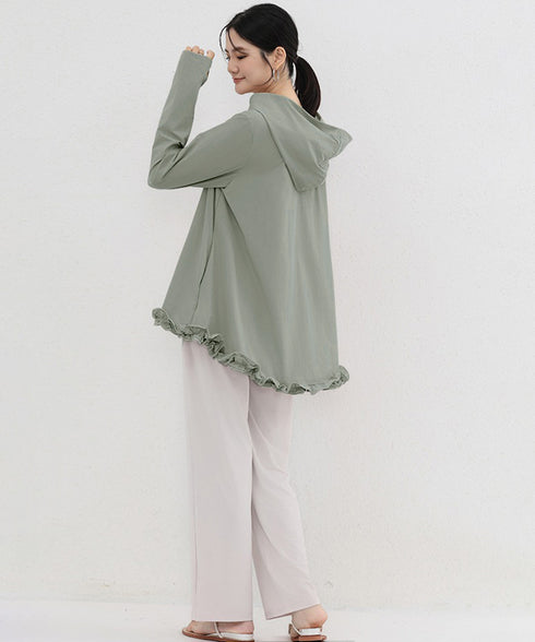 シアパーカー長袖フリルラッシュガード夏服 レディース UV対策カーディガン 日焼け止め フード付きお洒落ラッシュガード 涼しいライトアウター軽い ゆったり羽織り夏 84KAILI-009