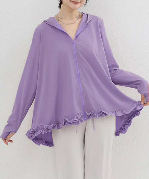 シアパーカー長袖フリルラッシュガード夏服 レディース UV対策カーディガン 日焼け止め フード付きお洒落ラッシュガード 涼しいライトアウター軽い ゆったり羽織り夏 84KAILI-009