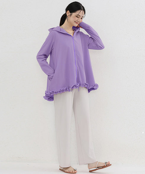シアパーカー長袖フリルラッシュガード夏服 レディース UV対策カーディガン 日焼け止め フード付きお洒落ラッシュガード 涼しいライトアウター軽い ゆったり羽織り夏 84KAILI-009