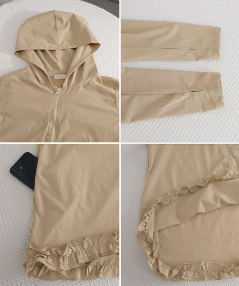シアパーカー長袖フリルラッシュガード夏服 レディース UV対策カーディガン 日焼け止め フード付きお洒落ラッシュガード 涼しいライトアウター軽い ゆったり羽織り夏 84KAILI-009