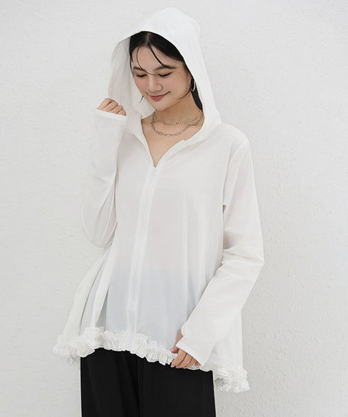 シアパーカー長袖フリルラッシュガード夏服 レディース UV対策カーディガン 日焼け止め フード付きお洒落ラッシュガード 涼しいライトアウター軽い ゆったり羽織り夏 84KAILI-009