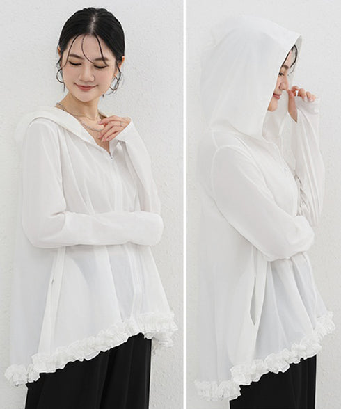 シアパーカー長袖フリルラッシュガード夏服 レディース UV対策カーディガン 日焼け止め フード付きお洒落ラッシュガード 涼しいライトアウター軽い ゆったり羽織り夏 84KAILI-009