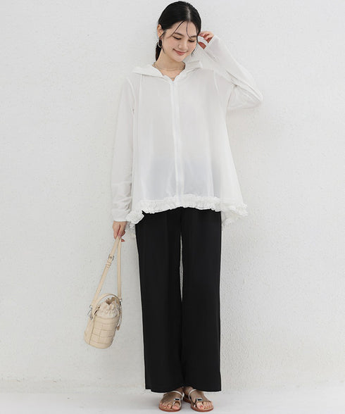 シアパーカー長袖フリルラッシュガード夏服 レディース UV対策カーディガン 日焼け止め フード付きお洒落ラッシュガード 涼しいライトアウター軽い ゆったり羽織り夏 84KAILI-009
