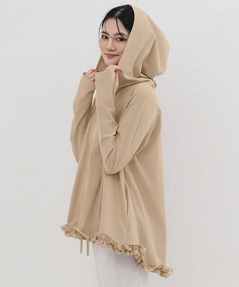 シアパーカー長袖フリルラッシュガード夏服 レディース UV対策カーディガン 日焼け止め フード付きお洒落ラッシュガード 涼しいライトアウター軽い ゆったり羽織り夏 84KAILI-009